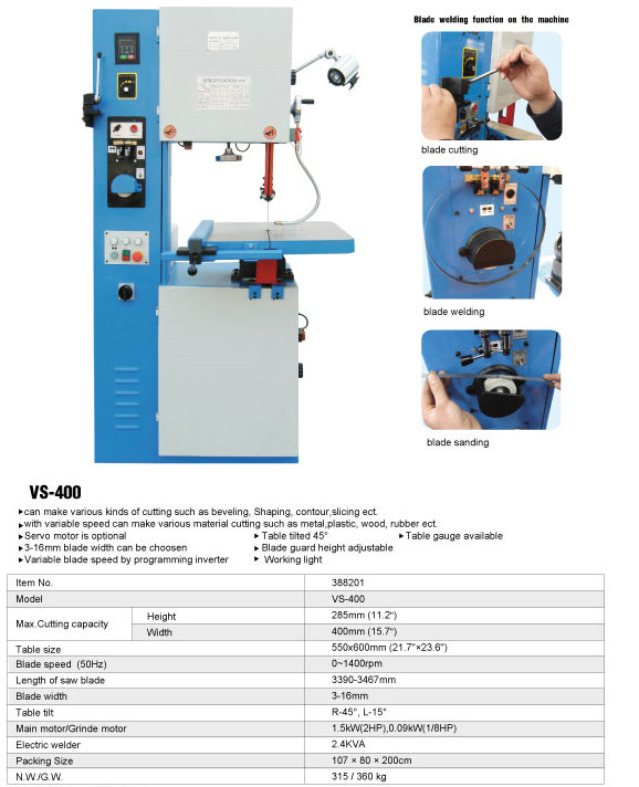 SCIE A BANDE DE COUPE VERTICALE METAL VS-400