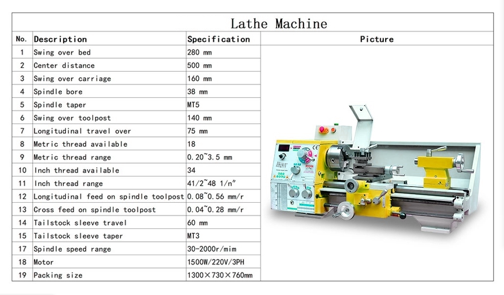 HS280V / 500 1500W MOTEUR SPING MT5 280 * 500 mm Faire du tour en métal Machin