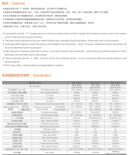 Centre de machine horizontale M-H40G / 50G / 63G