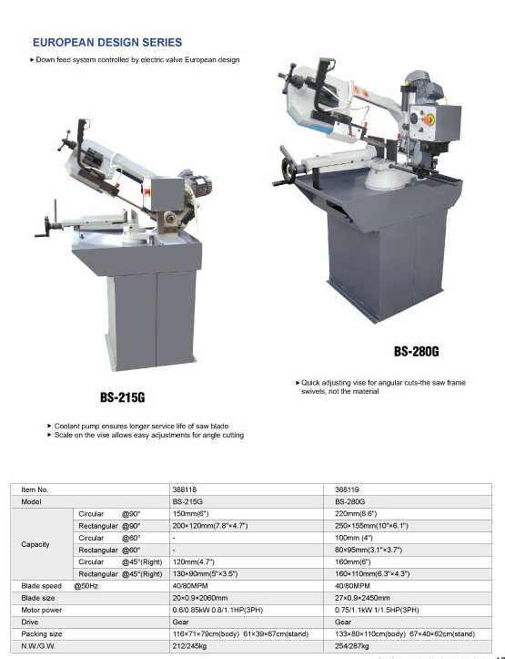 La bande de coupe métallique a vu BS-215G / BS-280G / BS-315G / BS315GH