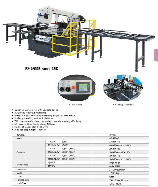 Bande de coupe métallique Saw BS460GB Semi CNC