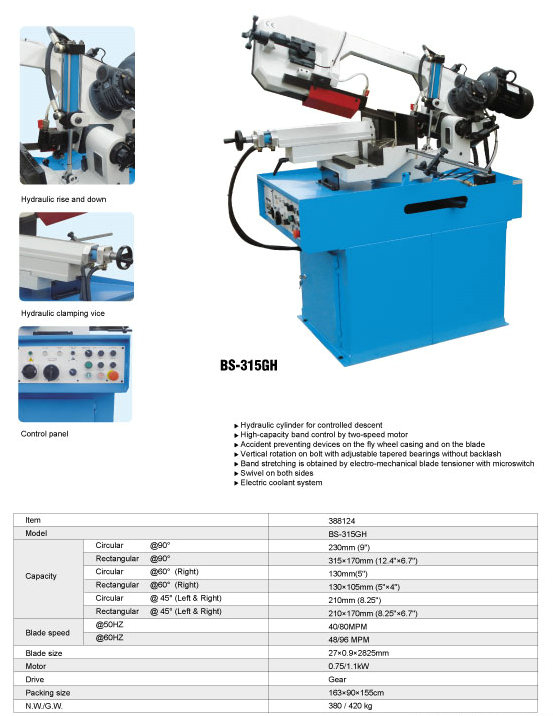 La bande de coupe métallique a vu BS-215G / BS-280G / BS-315G / BS315GH