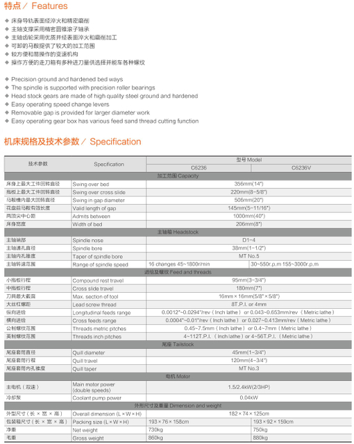 Lathe moteur C6236 / C6236V (le tour à vitesse variable est facultatif)