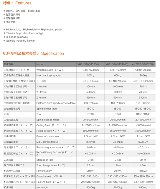 Centre de machine verticale XH 715G / XH716G / XH717G (VMC850 / VMC1060 / VMC1270)