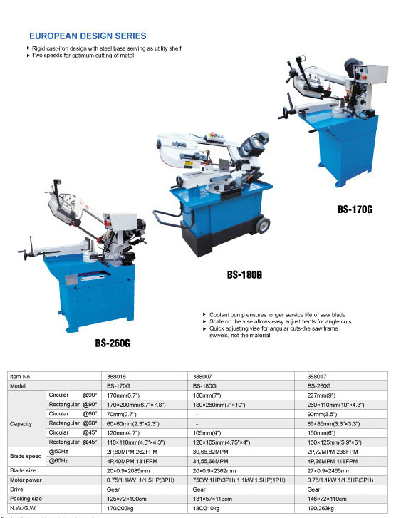 La bande de coupe métallique a vu BS-170 / BS-180G / BS-260G