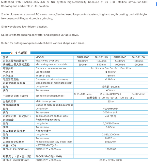 8 tonnes CNC Lathe SKQ61100-SKQ61125-SKQ61140-SQK61160