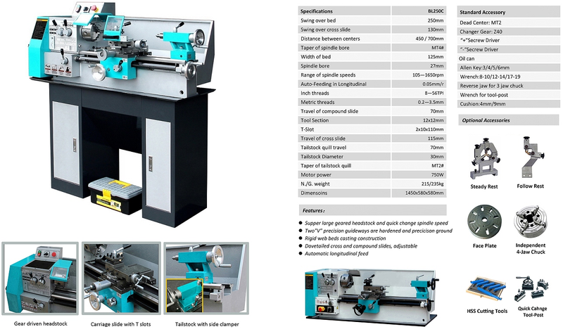Machine de tour BL250C pour métal (protection basse tension)