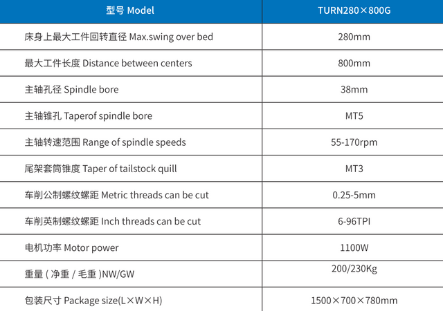 Turner280G x800 Lathe à engrenages 