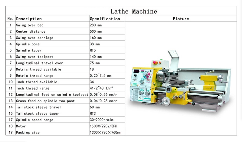 HS280V / 500 1500W MOTEUR SPING MT5 280 * 500 mm Faire du tour en métal Machin
