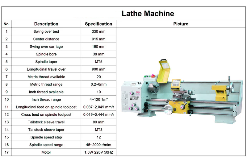HX330V Plus (330x915mm) Vario Motor 1500W avec 160 mm Chuck 915 * 330 mm Machine de tour en métal bricolage