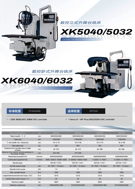 Type de lit CNC Universal Milling Machine XK5040-XK6040