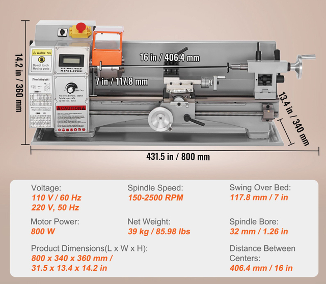 Lathe de banc 7 'x16 ' (180x400 mm)