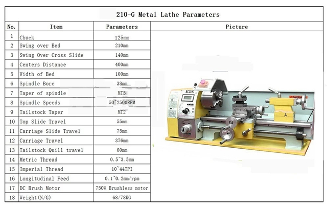  KC210G 8x16 tour avec boîte de vitesses de filetage inversé, moteur sans balais de 750W de haute qualité avec fonction d'alimentation automatique postive et inverse mini-machine de tour en métal