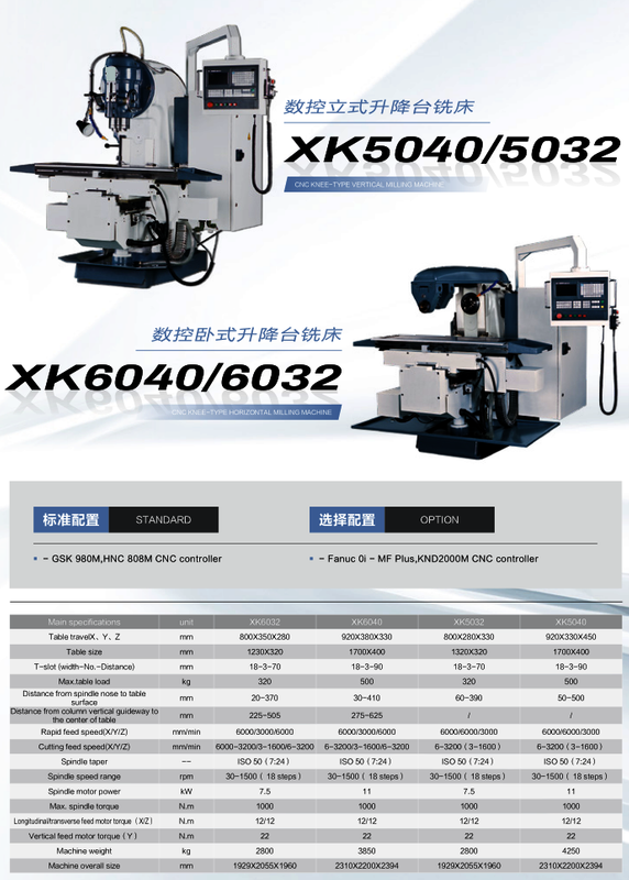 Type de lit CNC Universal Milling Machine XK5040-XK6040